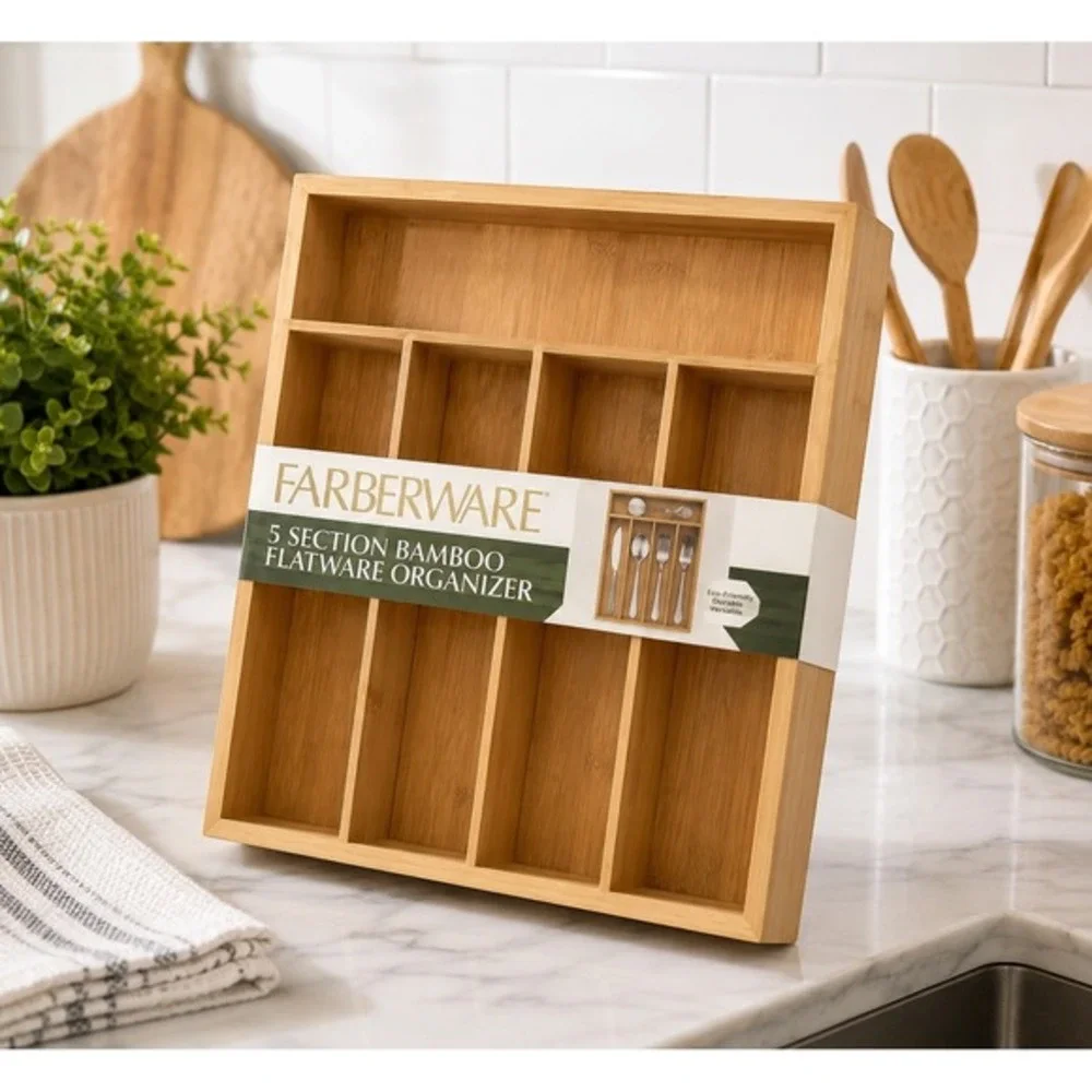 Farberware 5‎ Section Bamboo Flatware Drawer Organizer Tray 14
